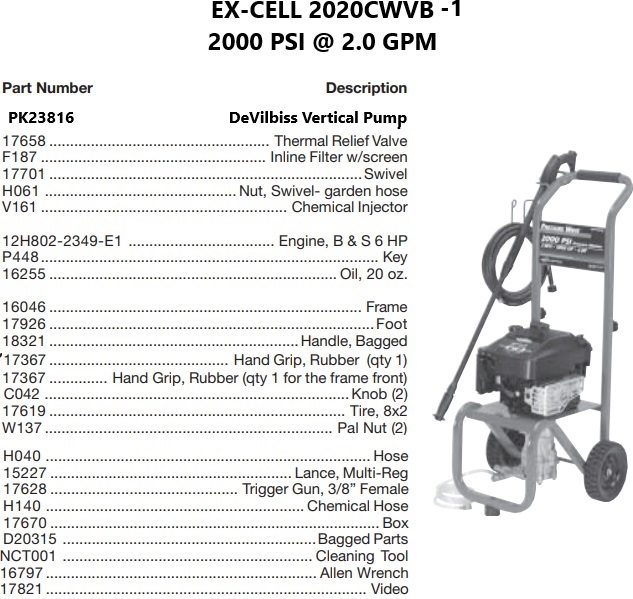 EX-CELL 2020CWVB-1 power washer repair parts